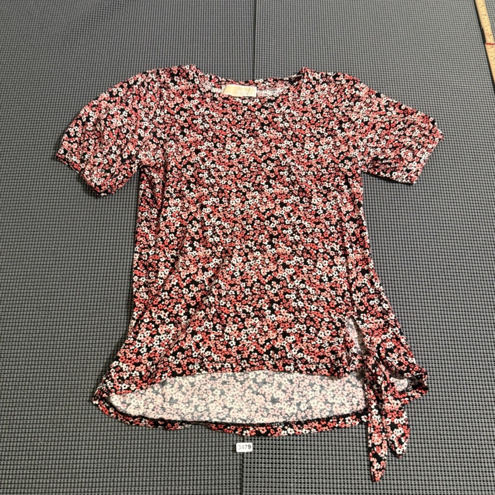 Michael Michael Kors Womens Small Floral Short Sleeve Side Tie Blouse Red Black